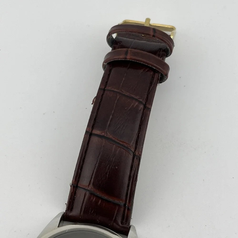 Cerentino Diamond Accent Watch Men 42mm Silver Case Brown Band- New‎ Battery